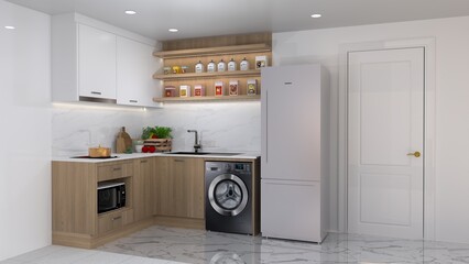 Modern Kitchen Interior with Wooden Cabinets, Black Refrigerator, and Washing Machine