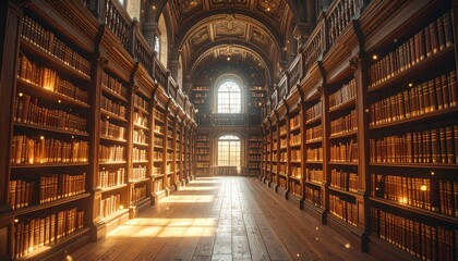 Fototapeta premium realistic, wide-angle shot of an ancient library filled with glowing, magica 