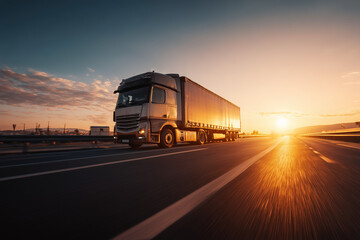 Obraz premium Modern semi truck driving on highway at sunset with glowing golden light and motion blur effect