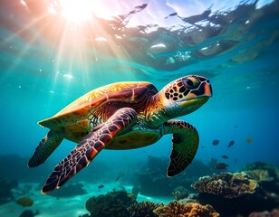 Obraz premium Underwater sea turtle in coral reef