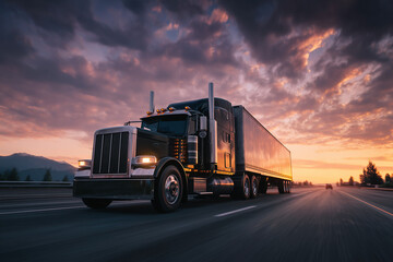 Powerful black semi-truck driving on highway at sunset with dramatic cloudy sky and mountain background