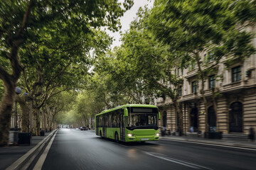 Obraz premium Modern green city bus traveling on an empty urban street surrounded by lush trees and historic buildings