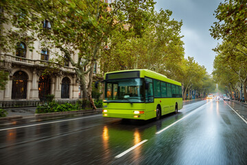 Obraz premium Green city bus driving on a wet tree-lined urban street on a rainy day with historic architecture and reflections