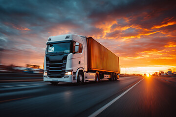 Modern white semi-truck hauling a large orange container on a highway during a vibrant sunset