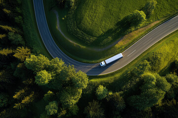 Aerial view of a white truck driving along a winding road surrounded by lush green forest and grasslands in vibrant sunlight