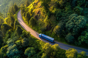 Aerial view of a blue semi-truck driving on a winding road through lush green forested hills in golden sunlight