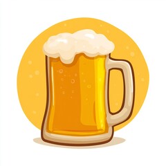 Flat illustration of beer mug with foam bold outlines no shadows golden yellow palette frontal centered composition