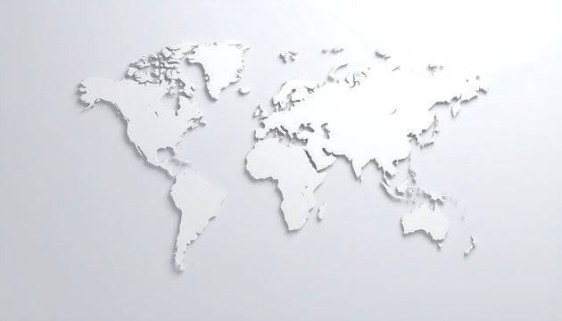 Minimalist world map in white, casting soft shadows on a light gray background