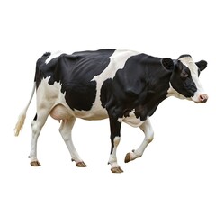 Classic Holstein cow gracefully walking, a symbol of dairy farming and rural life, perfect for agricultural marketing and educational materials