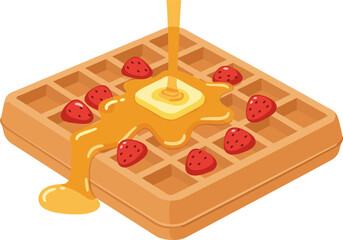 Delicious waffle with fresh strawberries, melting butter, and dripping honey, perfect for breakfast