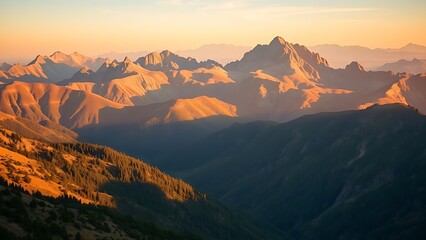 Naklejka premium A serene mountain landscape bathed in golden hour light, showcasing nature's grandeur.