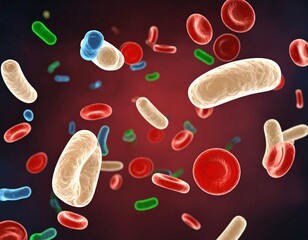 Microscopic view of blood cells, bacteria, and other biological elements in a fluid environment.
