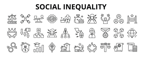 30 Social Inequality Line Icons Vector - Discrimination, Prejudice, Racialism, Education level, Wealth, Social class