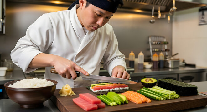 Japanese culinary expertise: sushi chef meticulously slicing a colorful roll in a professional kitchen with precision and focus showcasing dedication to the art of sushi preparation and presentation - Powered by Adobe