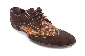 Mens Footwear Concepts. One Stylish Classic Male Light Brown Textile Suede Laced Derby Shoe Placed Over Pure White.