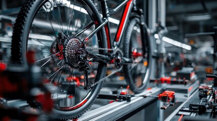 Bicycle manufacturing assembly line with focus on gears and chain detail shot