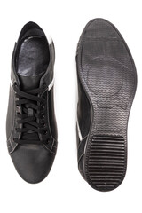 Mens Footwear Concepts. One Pair of Stylish Classic Formal Male Black Polished Sportive Derby Leather Laced Shoes Placed Together Over White.