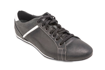 Mens Footwear Concepts. One Stylish Sportive Male Light Gray Leather Laced Derby Shoe Placed Over Pure White.