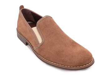 Mens Footwear Concepts. One Stylish Male Light Brown Suede Leather Shoe Placed Over Pure White.