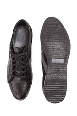 Mens Footwear Concepts. One Pair of Stylish Sportive Formal Male Brown Leather Sneakers Shoes Placed Together Over White.