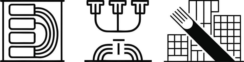 Three abstract minimalist line art icons representing data flow a candelabra and a cityscape