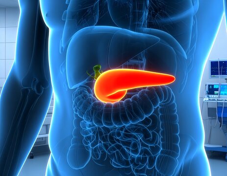 Anatomical illustration showing the human pancreas highlighted in red, with surrounding organs and body structure visible in a blue-toned rendering.
