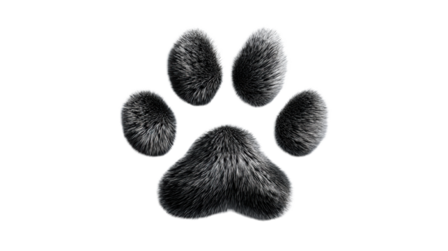 Close up of a furry textured paw print on a white background, cut out transparent