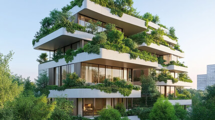 Eco-friendly building in the modern city. Sustainable glass office building with trees for reducing heat and carbon dioxide. Office building with green environment