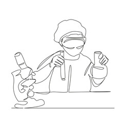 One continuous single drawing line art flat doodle laboratory, research, scientist, science, woman, chemistry, biotechnology. Isolated image hand draw contour on a white background, hand drawn, not AI