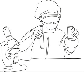 One continuous single drawing line art flat doodle laboratory, research, scientist, science, woman, chemistry, biotechnology. Isolated image hand draw contour on a white background, hand drawn, not AI