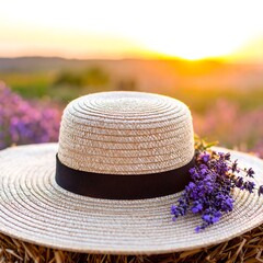 Straw hat with black ribbon, lavender sprig, sits on hay bale against sunset