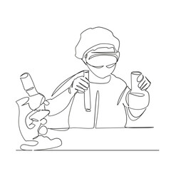 One continuous single drawing line art flat doodle laboratory, research, scientist, science, woman, chemistry, biotechnology. Isolated image hand draw contour on a white background, hand drawn, not AI