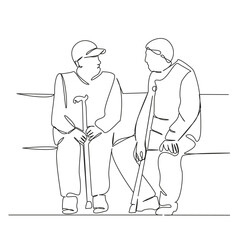 One continuous single drawing line art flat doodle man, sitting, bench, adult, outdoors, retirement, male, lifestyle. Isolated image hand draw contour on a white background, hand drawn, not AI