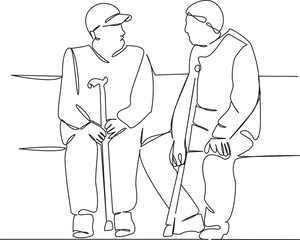 One continuous single drawing line art flat doodle man, sitting, bench, adult, outdoors, retirement, male, lifestyle. Isolated image hand draw contour on a white background, hand drawn, not AI