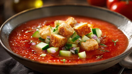 Chilled gazpacho Andaluz with diced cucumber and croutons, served in vibrant tomato tones with a bright yet gentle background.