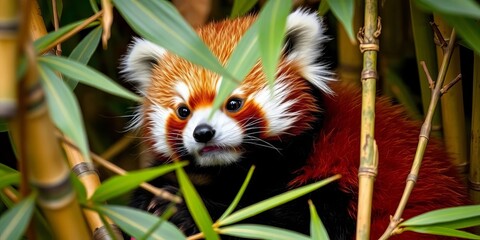 Fluffy red panda cub, nestled amongst bamboo leaves, gazing inquisitively,  serene,   tiny