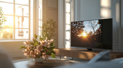 Front view of a living room during midday. The space is softly lit with natural daylight streaming in, creating a bright yet studio-like lighting effect. 