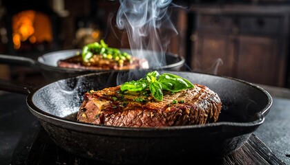Fototapeta premium Sizzling Steak in Cast Iron Pan with Basil Garnish and Rising Smoke