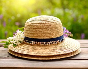 Straw hat resting on wooden surface