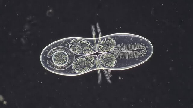 Microscopic view of a single-celled organism exhibiting unique structural features in a dark environment