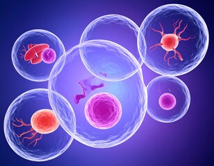 Microscopic view of various human cells, including neuron, blood, and other cell types, displayed against a gradient purple background.
