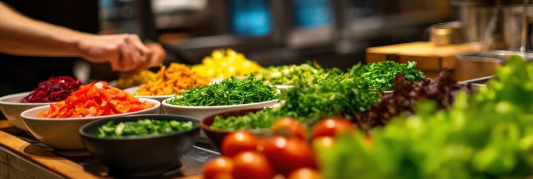 Fresh salad bar with colorful vegetables and ingredients at restaurant buffet line