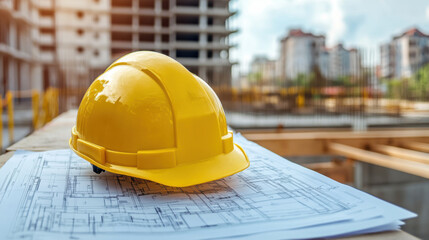 Yellow helmet, calculator, level and project drawings