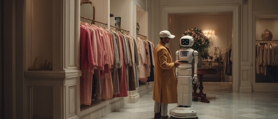 Man in yellow coat interacts with a robot in a luxury clothing store setting