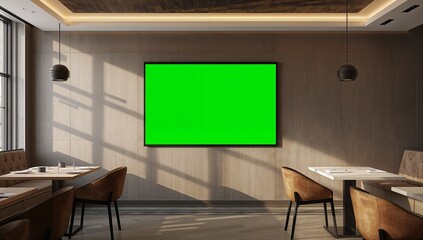 Modern restaurant interior showcasing a large blank green screen display, bathed in natural sunlight.