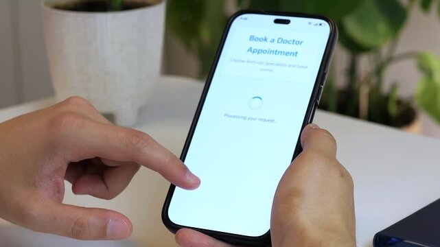 A man swiftly books a specialist appointment via a mobile app, ending with a confirmation scree