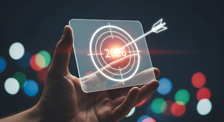 Hand holding a transparent target with an arrow hitting the center, symbolizing business success