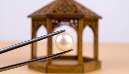 A delicate pearl held within fine tweezers, displayed against a blurred backdrop of a miniature gazebo.