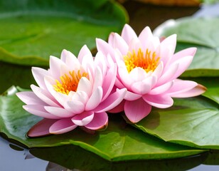 Two pink water lilies on green leaves