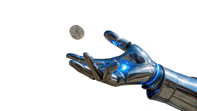 Shiny metallic robotic hand catching a spinning coin isolated on transparent background - Powered by Adobe